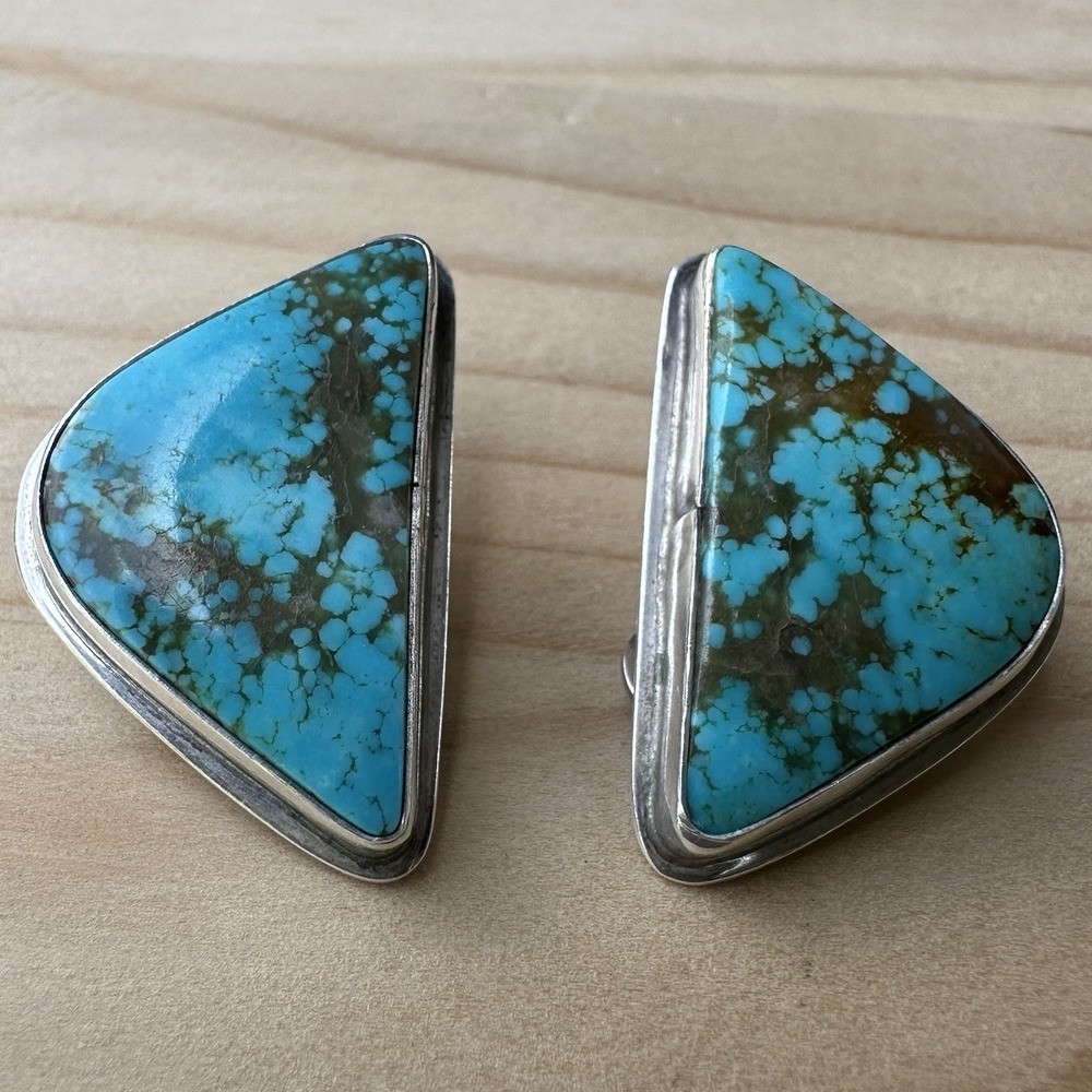 VTG Ralph Sena Clip Earrings 1.125 Inch Birdseye Turquoise‎ 925 Sterling 12.5g